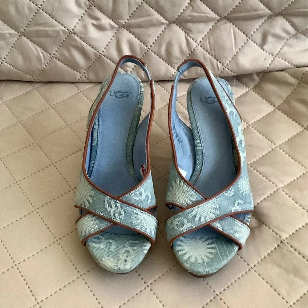 FINAL SALE! New UGG Hazel Blue Denim Logo Wedge Sandals mismatch size 5 & 5.5 - Picture 6 of 15